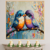 Painting of Two Plump Birds Touching Beaks While Sitting on a Blooming Branch Surrounded by Bright Spring Flowers with Vivid Feathers and Big Shiny Eyes on Ready to Hang 1.5" Thick Canvas Wrap, Floating Framed Canvas, Flat Rolled Canvas